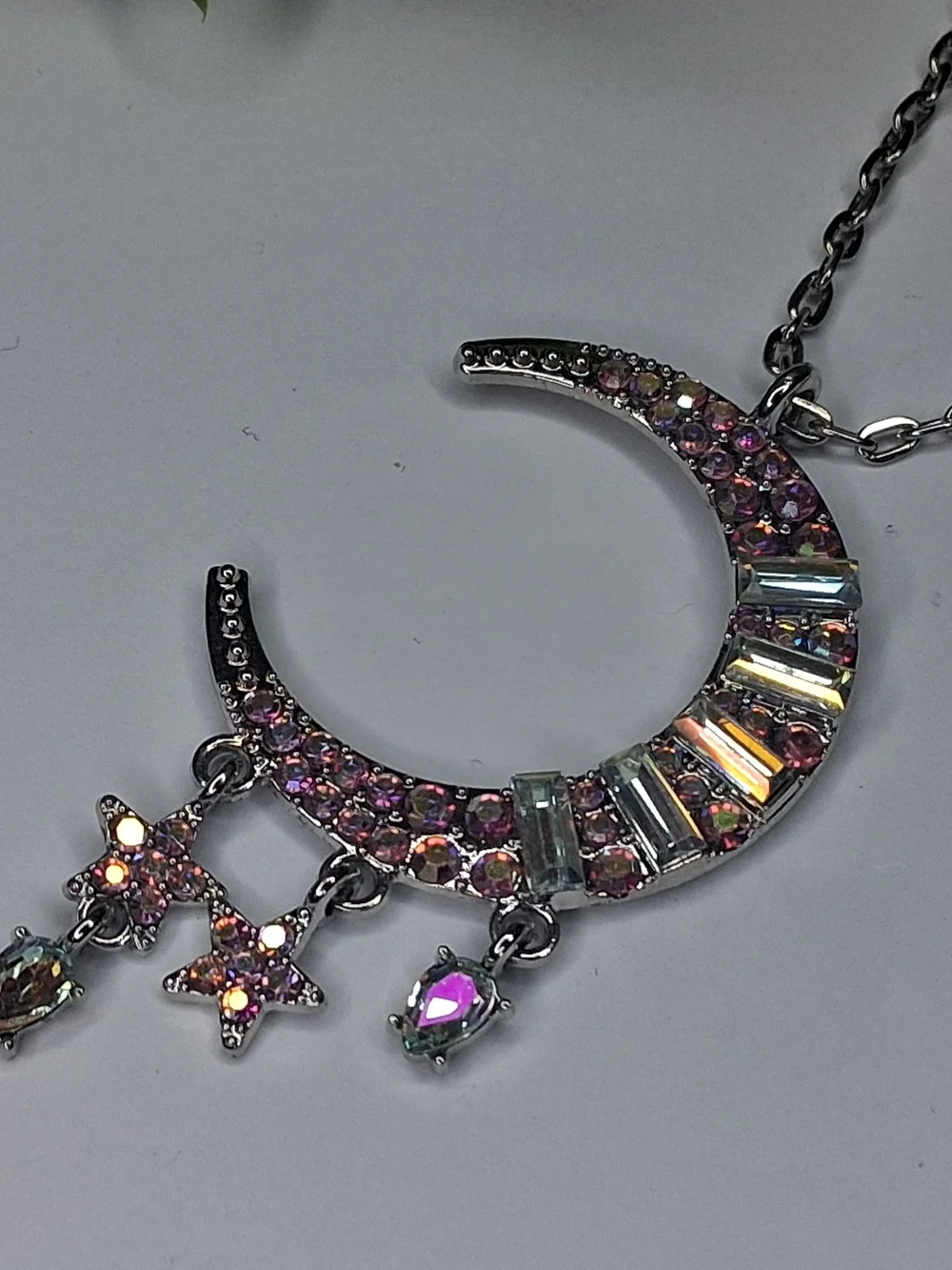 Silver Moon And Star Necklace with Pink Multicoloted Aurora Crystals